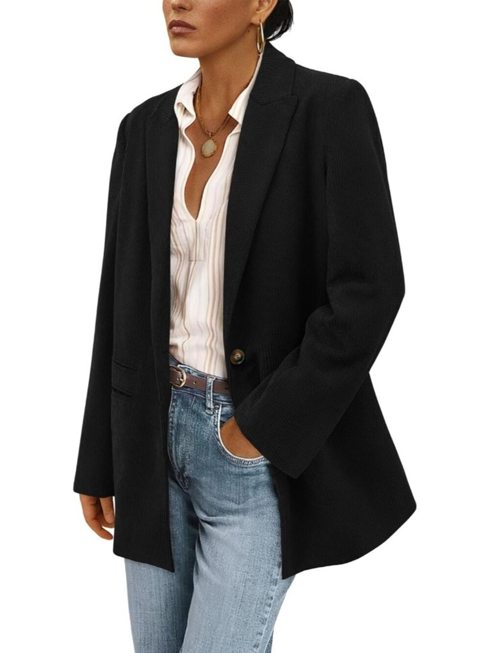 Women's Black Long Sleeve Lapel Button Fall Coat Corduroy Blazer Jacket